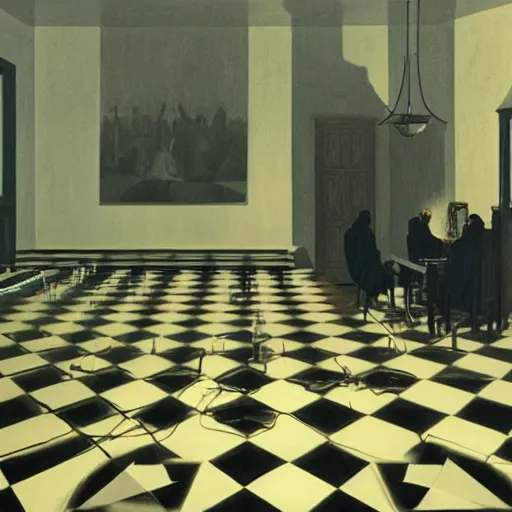 Image similar to Occult shadow figures of men inside a freemasonic lodge with a chequered floor conversing around a table in secrecy, moody and atmospheric, dramatic scene, dimly lit room, cgsociety, 8k resolution, trending on artstation, octane render by Quint Buchholz, Pieter Claesz and Edward hopper