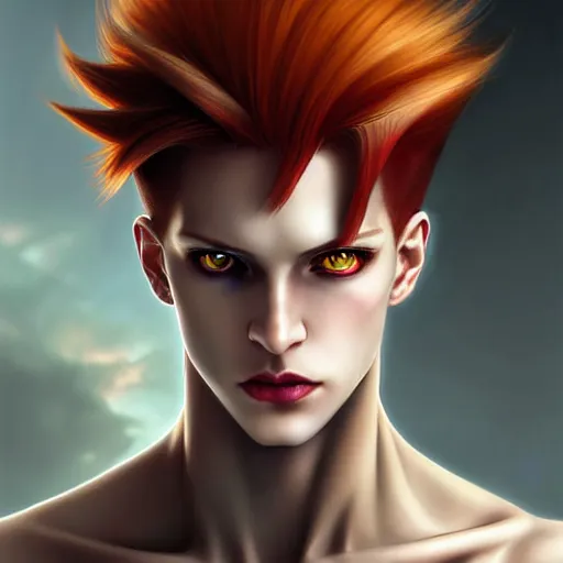 Prompt: portrait of hisoka morow hunter hunter, male, very thin pursed lips extremely sharp jaw yellow eyes narrow almond eyes sultry eyes red hair soft bunched hair swept back crimson hair, anime, fantasy, intricate, elegant, highly detailed, digital painting, artstation sharp focus, madonna bowie art by artgerm and greg rutkowski and alphonse mucha