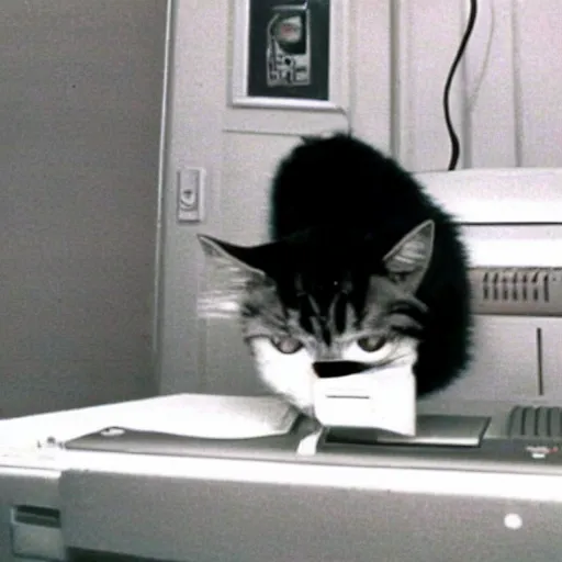 Prompt: Hilarious cat tries to catch a laser dot, VHS tape still, 1993