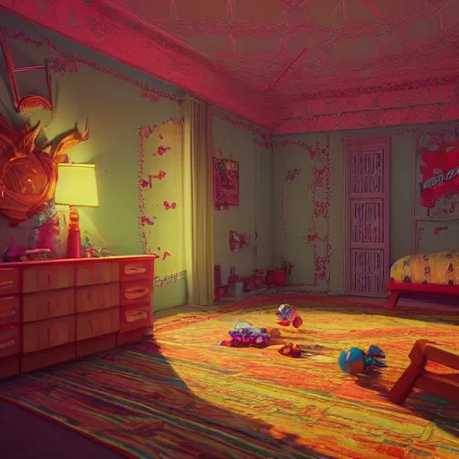 Image similar to 80s gaming kid's bedroom:: by beeple and James Gilleard and Justin Gerard :: ornate, dynamic, particulate, intricate, elegant, highly detailed, centered, artstation, smooth, sharp focus, octane render, 3d