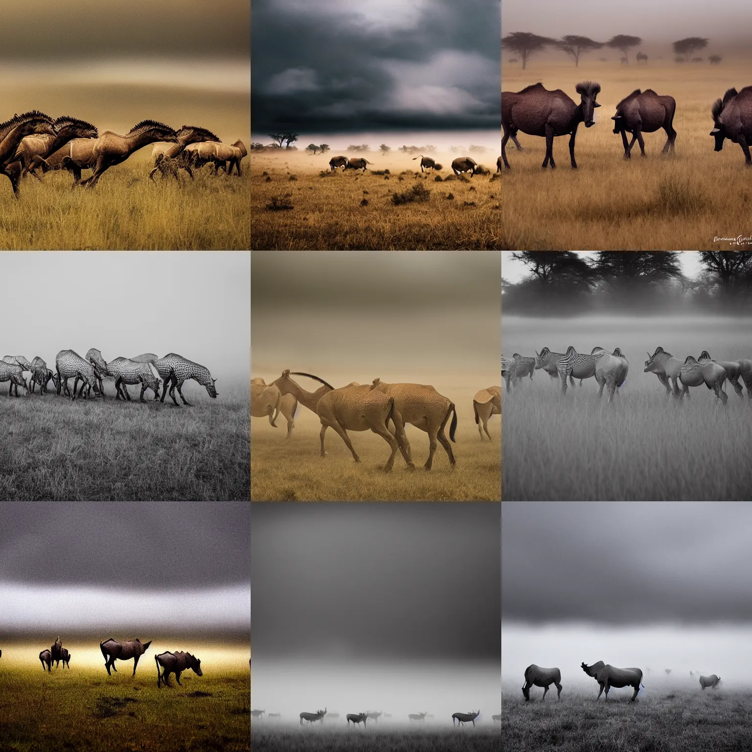 Prompt: nature photography of a herd of triceritops, african savannah, stormy day, fog, digital photograph, award winning, 5 0 mm, telephoto lens, national geographic