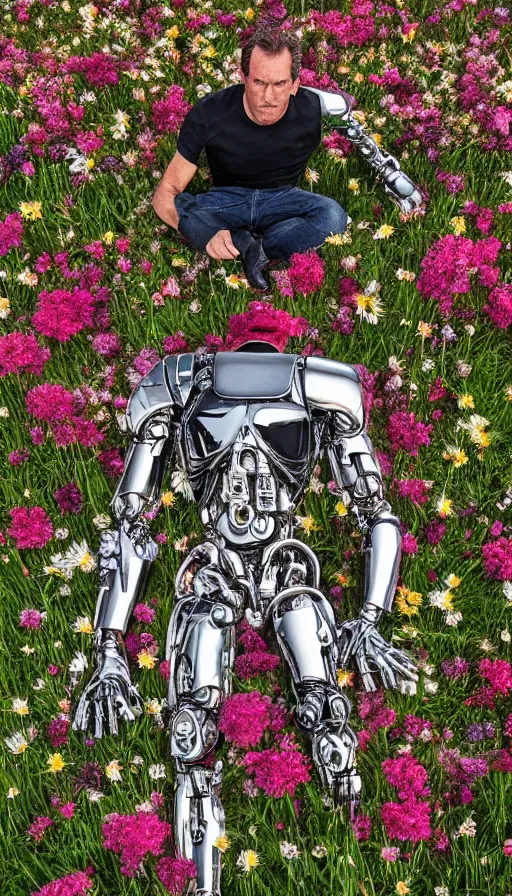 Prompt: photo of destroyed realistic terminator lying in a field of flowers, twisted, chrome, reflections, anthropomorphic, photorealism, smoke, 8 k, wires, smooth, sharp focus, top view, extremely detailed, hyperrealism, elegant, establishing shot, by jeff koons, artgerm and greg rutkowski