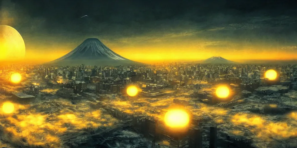 Image similar to nuclear winter, tokyo city, near future, fantasy, sci - fi, hyper realistic, serene, sunset.