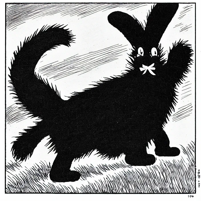 Image similar to a still frame from comic strip, black fluffy hairy furry rabbit on a clean background 1 9 5 0, herluf bidstrup, new yorker illustration, monochrome contrast bw, lineart, manga, tadanori yokoo, simplified,