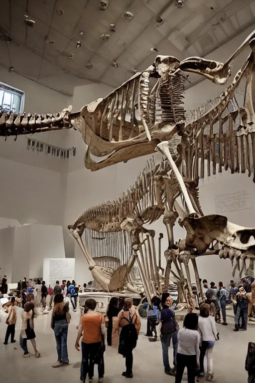 Prompt: complete skeleton of a dinosaur surrounded by museum visitors. museum photograph.