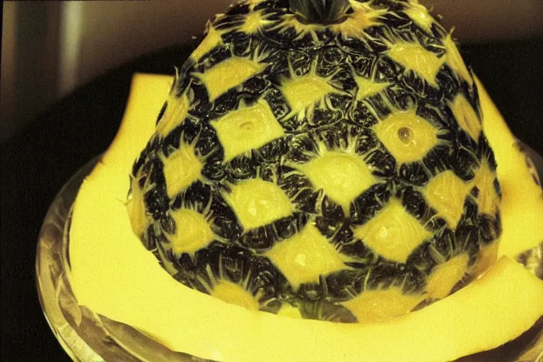 Image similar to pineapple and cheese aspic, in 1 9 9 5, y 2 k cybercore, industrial low - light photography, still from a ridley scott movie