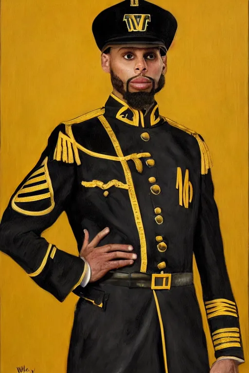 Image similar to full body portrait of the dictator of the golden state warriors, 1 8 8 9, in full military garb, steph curry, oil on canvas by william sidney mount, trending on artstation