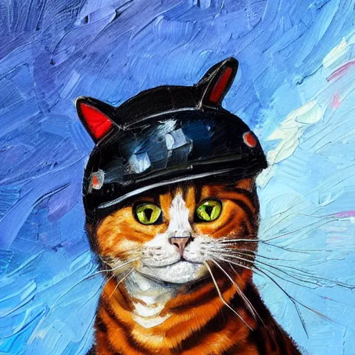 Prompt: palette knife oil painting of a cat wearing a helmet