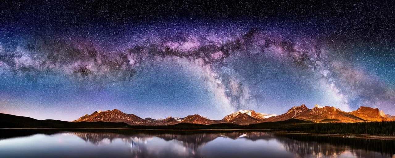 Prompt: beautiful nighttime landscape photography of the Rocky Mountains with a crystal blue lake, hyper detailed milky way galaxy sky, serene, dramatic lighting, hyperrealist reflections on the water surface