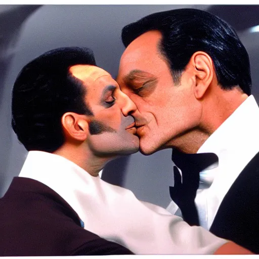 Image similar to garak kissing doctor bashir in the style of an airport romance novel
