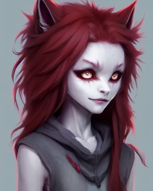 Image similar to character concept art of a dark grey anthropomorphic furry wolf with long red hair | | cute - fine - face, pretty face, key visual, realistic shaded perfect face, fine details by stanley artgerm lau, wlop, rossdraws, james jean, andrei riabovitchev, marc simonetti, and sakimichan, artstation