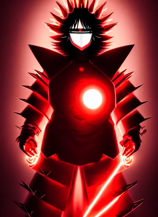 Image similar to a striking cinematic full body manga portrait of a long black haired masked male teenager wearing imposing red jagged spiked plate armour and glowing with raging powerful red energy by hirohiko araki and beeple, fine details, digital art, character concept art, volumetric lighting, cinematic light, photorealistic