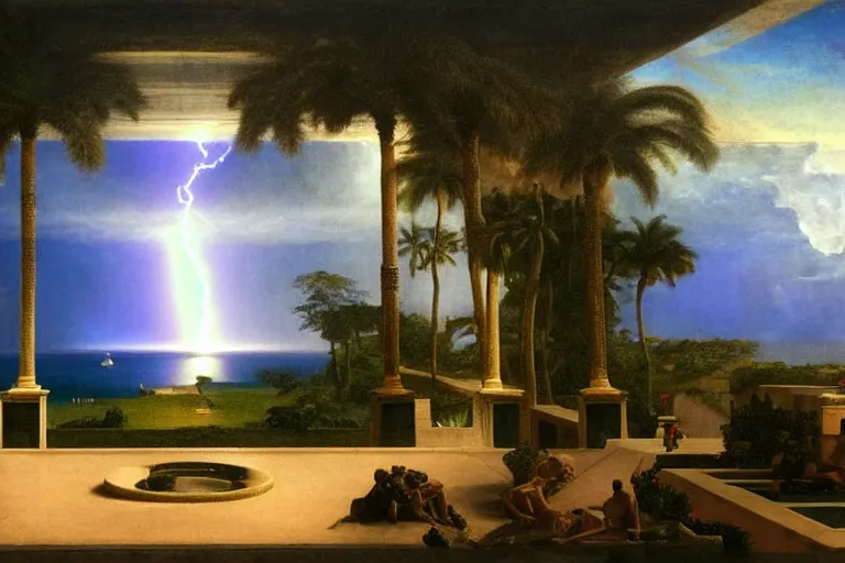 Image similar to From inside of the palace, refracted lightnings on the ocean, thunderstorm, greek pool, beach and Tropical vegetation on the background major arcana sky and occult symbols, by paul delaroche, hyperrealistic 4k uhd, award-winning, very detailed paradise