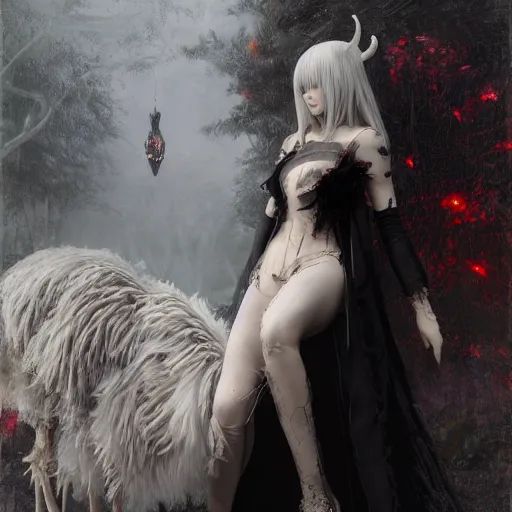 Image similar to hyperrealistic portrait of high detail yorha no. 2 type a as a vampire witch in ornate black robe red swan feathers as the mistress in fear being chased by a terrific man with goat head in a garden maze horror. by jeremy mann, fantasy art, photo realistic, dynamic lighting, artstation, poster, volumetric lighting, 4 k, award winning