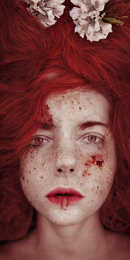 Image similar to dream symmetrical portrait of a woman , close-up, high sharpness, zeiss lens, fashion photo shoot, flowers, red hair, freckles, Annie Leibovitz and Steve McCurry, David Lazar, Jimmy Nelsson, artistic, hyper-realistic, beautiful face, octane rendering