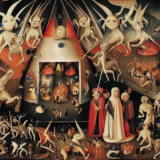 Image similar to disco party of demons and angels in hieronymus bosch style, hyper detailed, hyper realistic, dark humour