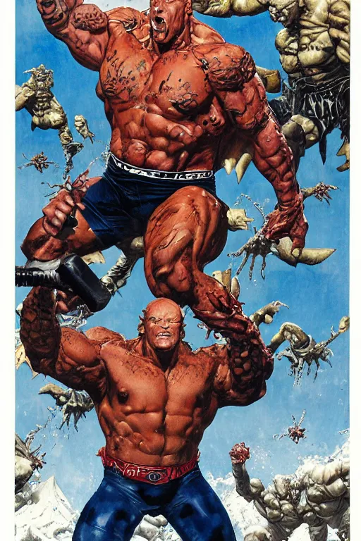 Image similar to full body and head portrait of martyn ford as marvel's the thing, dynamic action, painted by norman rockwell and phil hale and greg staples and tom lovell and frank schoonover and jack kirby, single character