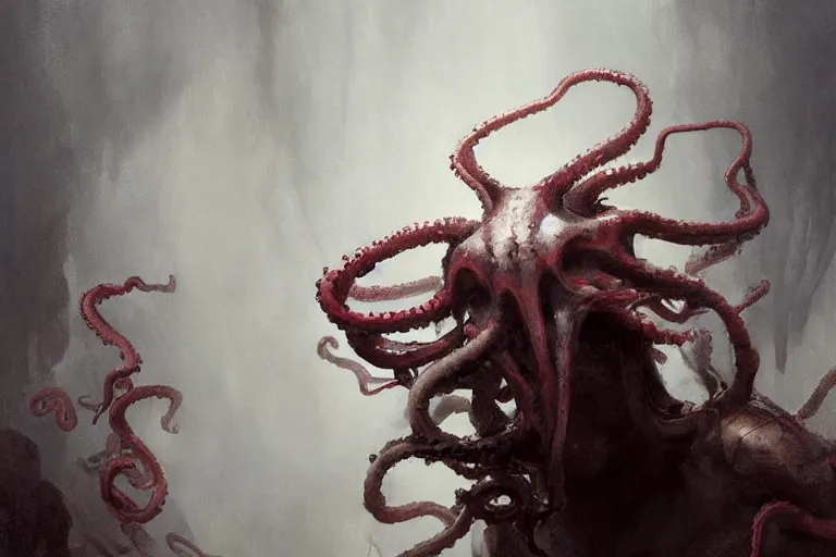 Image similar to painting by greg rutkowski of a flying human head and face that is chalk white in color, with tentacles coming of the neck, red eyes, flying in a terrying hell like cavernous place