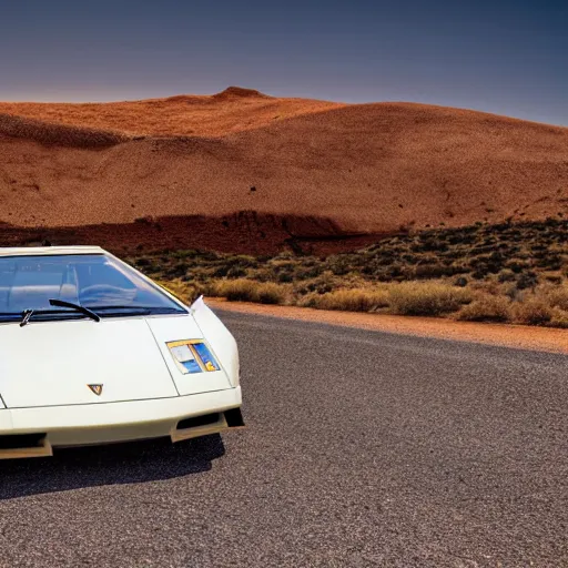 Prompt: a 1 9 8 9 lamborghini countache made completely out of sliced white bread, on a dusty desert road with a vivid sky background, high resolution, detailed