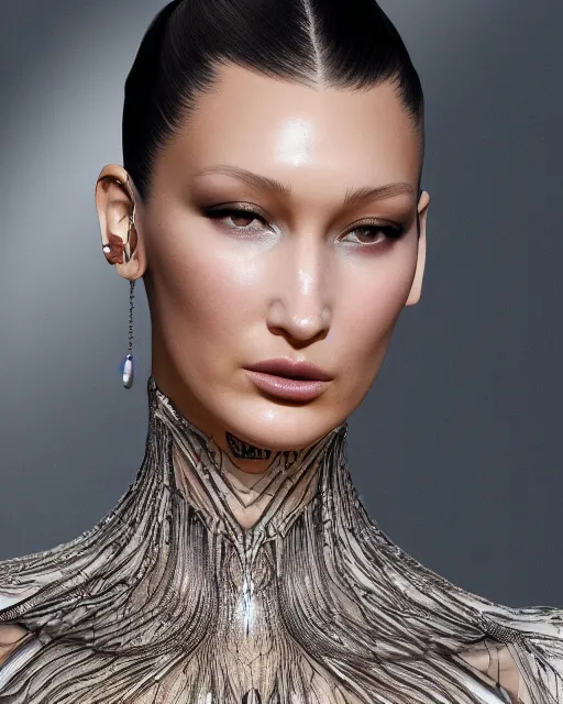 Prompt: a highly detailed metahuman 8 k close up render of bella hadid in iris van herpen dress