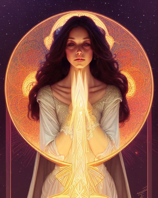 Image similar to symmetry portrait of brunette princess, glam, cleric, fireflies, holy temple background, intricate, elegant, highly detailed, digital painting, artstation, concept art, smooth, sharp focus, illustration, art by artgerm and greg rutkowski and fra angelico and alphons mucha