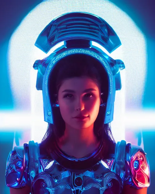 Image similar to centered medium shot fine studio photograph of a young woman wearing only a synthwave mecha Mayan helmet with bright lights, designed by Efrain Recinos, ultra-realistic, white background, 8k HDR, intricate