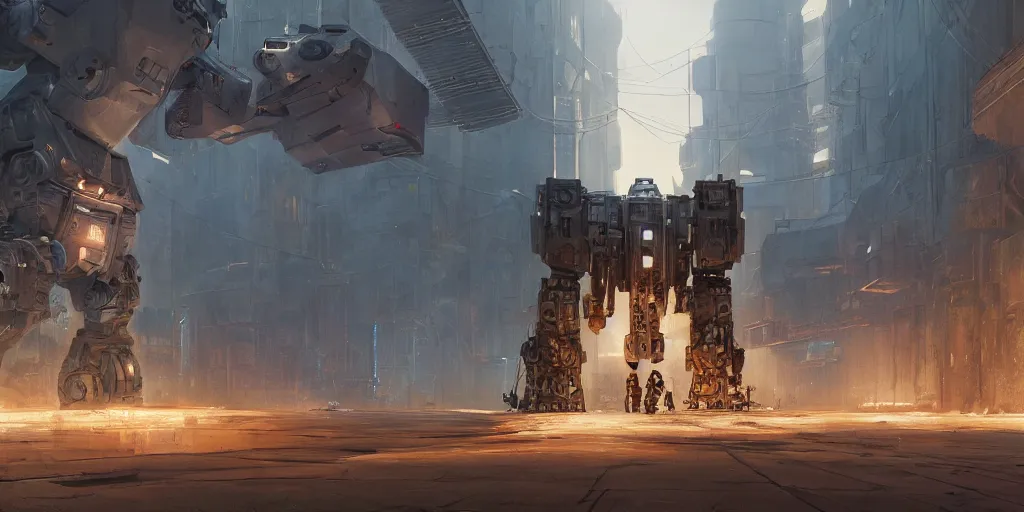 Prompt: a film still from elysium by ian mcque, large military mech stands guard in an alley of a steaming industrial planet city, vibrant, 5 0 mm lens, video game character and environment design, behance hd, studio, evening, dramatic lighting, cinematic, global illumination, trending on artstation, bloom
