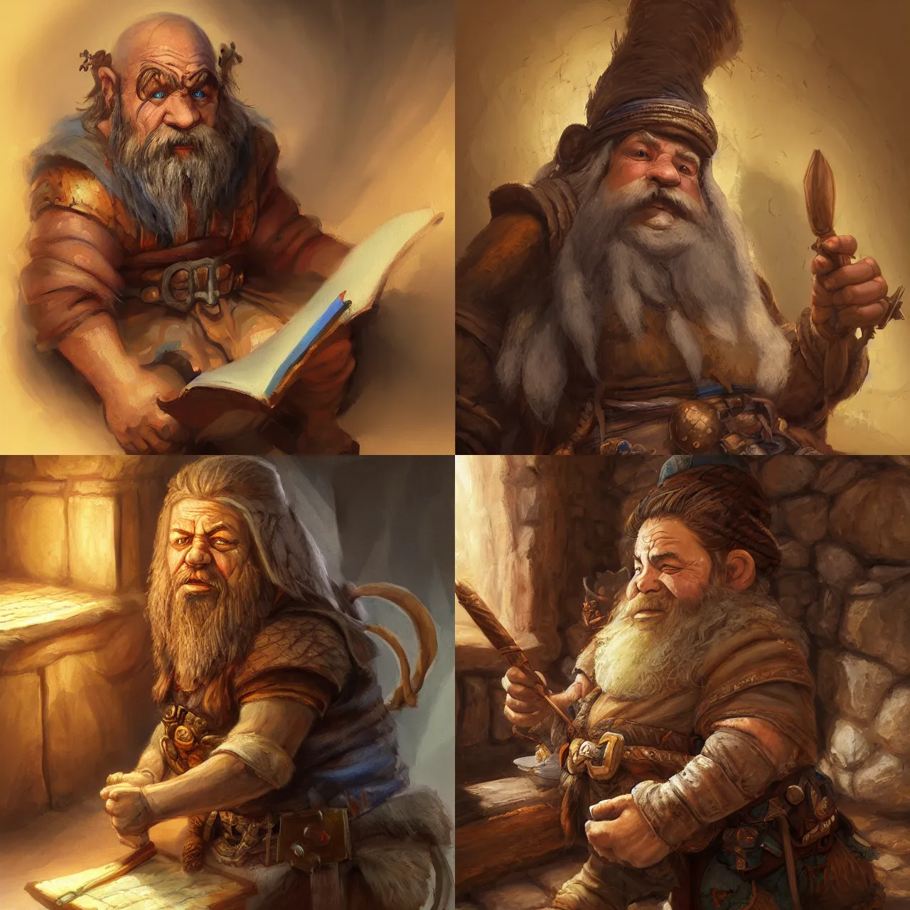 Prompt: a painting of a dwarf scribe by justin gerard, paul bonner, highly detailed, volumetric lighting, gouache on canvas, artstation hd
