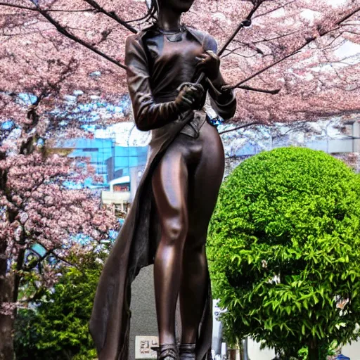 Image similar to bronze statue of a cyberpunk anime woman with an umbrella and a samurai sword kneeling next to a cherry blossom tree