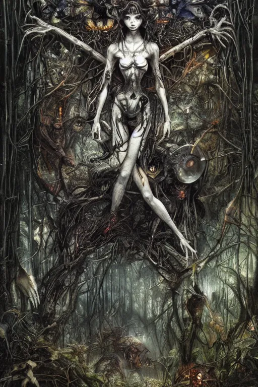 Prompt: life and death mixing in a corrupted forest, demonic faces, fireflies, hyperdetailed, 4 k, trending on artstation, dark and gloomy, demonic, cinematic, artgerm, h. r. giger, francis bacon, gustave moreau, luis royo