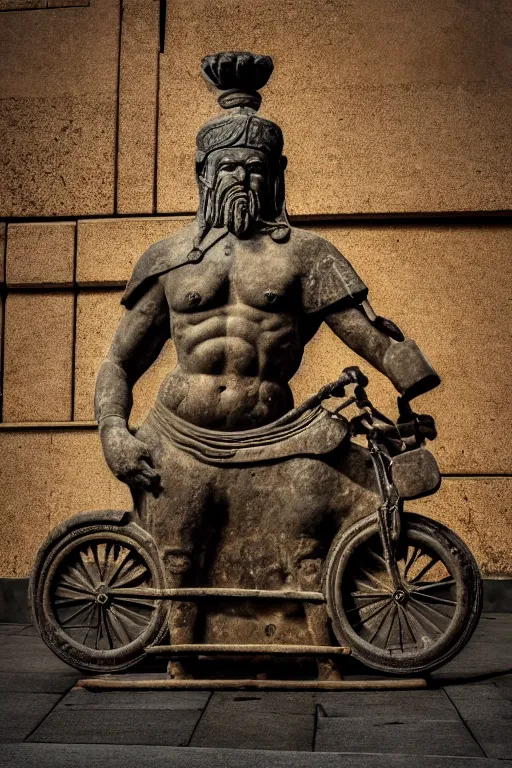 Image similar to photo of the ancient statue of biker on the ancient bike, symmetrical, cinematic, real dlsr photography, sharp focus, 4 k, ultra hd, sense of awe, archeology journal cover