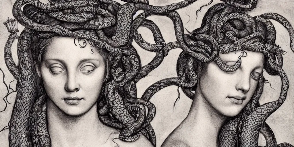 Image similar to realistic portrait of a beautiful medusa with her snakes in the hair, 1450, ink, ultra realistic, 8k