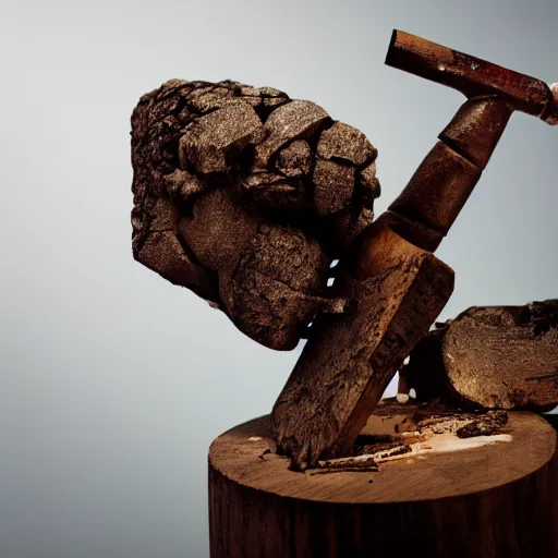 Image similar to studio photography of a wooden hammer smashing into a smashed ancient idol statue getting hammered into pieces, cracked, destroyed, dramatic lighting