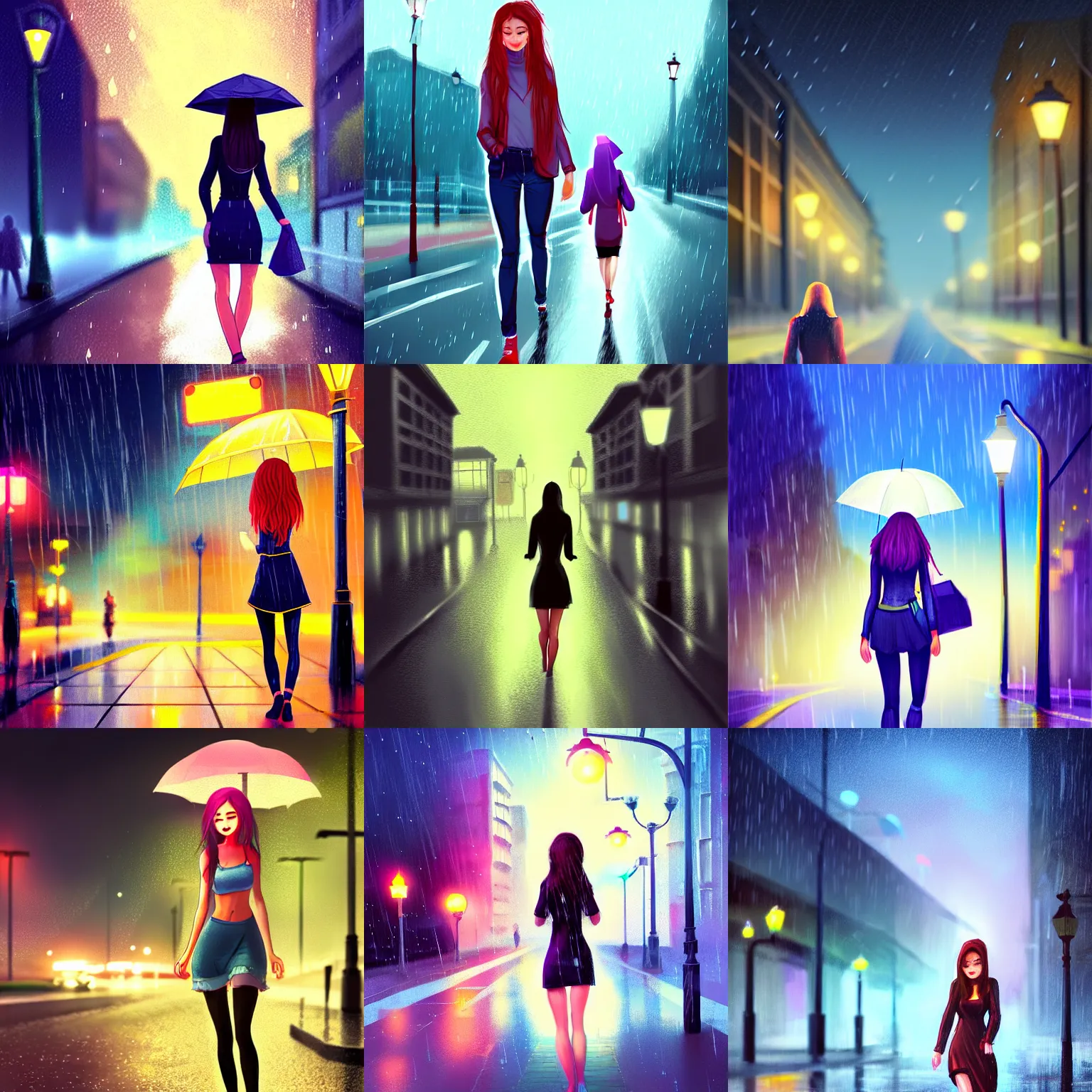 Prompt: pretty girl walking in the rain at night, modestly dressed, worn down streets in the background, clear night sky digital art, high quality, trending on artstation, concept art, detailed