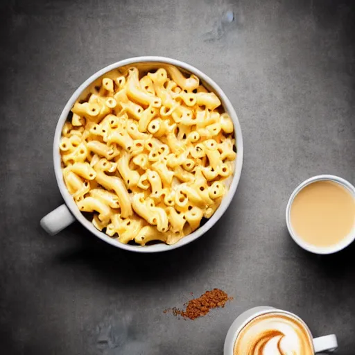 Prompt: realistic photo of a box of mac and cheese with a cup of coffee