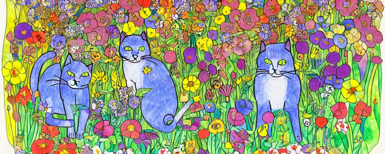 Image similar to cat playing in a garden of flowers, a mix media painting by laurel burch and Leonardo da Vinci and Natalia Goncharova, cluttered , child's drawing, art by Studio Ghibli, anime, thick black lineart