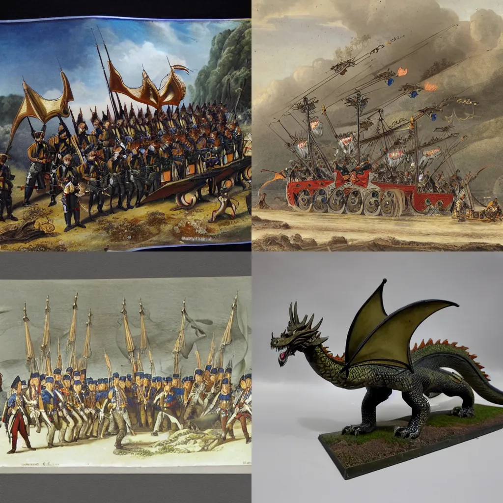 Prompt: Huge dragon with crew of 20 soldiers in Napoleonic times