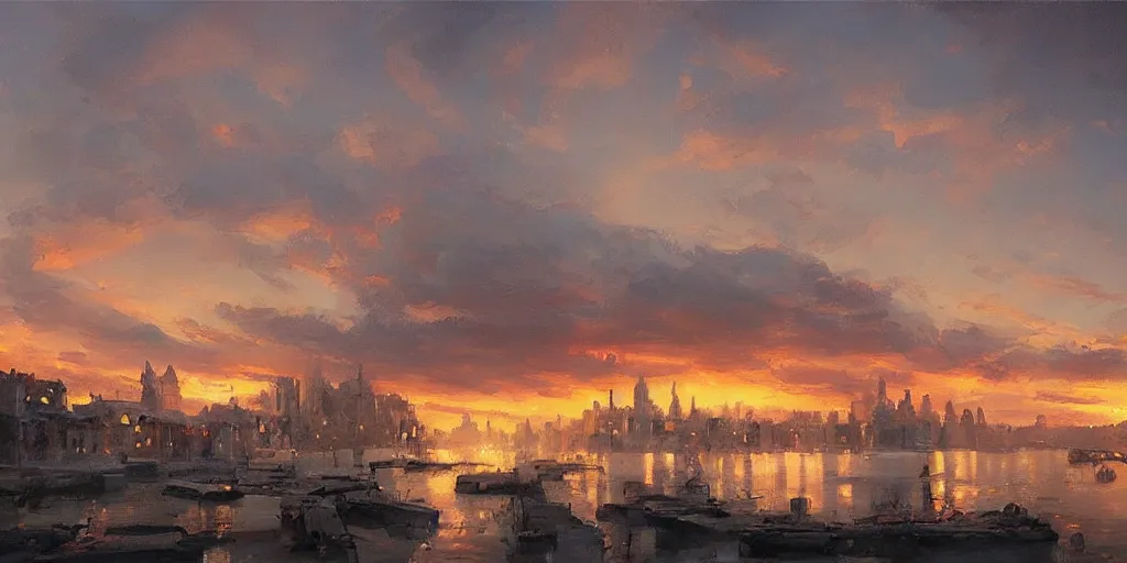 Prompt: stunning landscape painting of an city from 1 7 0 0 during sunset by krenz cushart