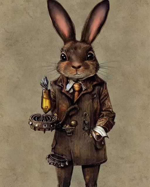 Prompt: steampunk rabbit waving hello by esao andrews