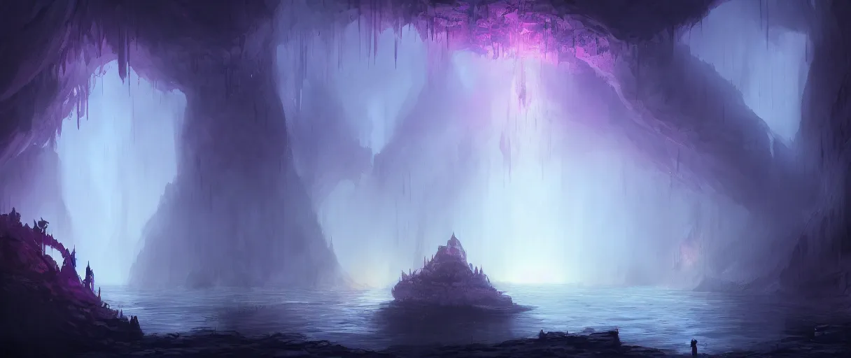 Image similar to digital painting of a underground lake, purple, style of demons souls, concept art, low angle, high detail, warm lighting, volumetric, godrays, vivid, beautiful, trending on artstation, by Jordan grimmer, no focus, huge scene, clear water