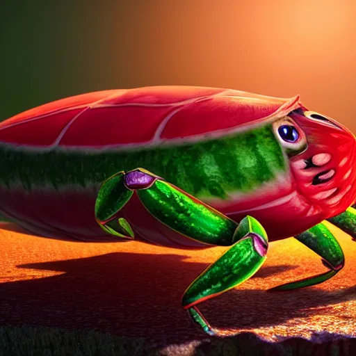 Image similar to photorealistic watermelon crab. hyperdetailed photorealism, 1 0 8 megapixels, amazing depth, glowing rich colors, powerful imagery, psychedelic overtones, 3 d finalrender, 3 d shading, cinematic lighting, artstation concept art