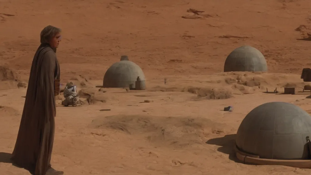 Image similar to film still Luke skywalker watches tatooine binary sunset moisture farm dome house