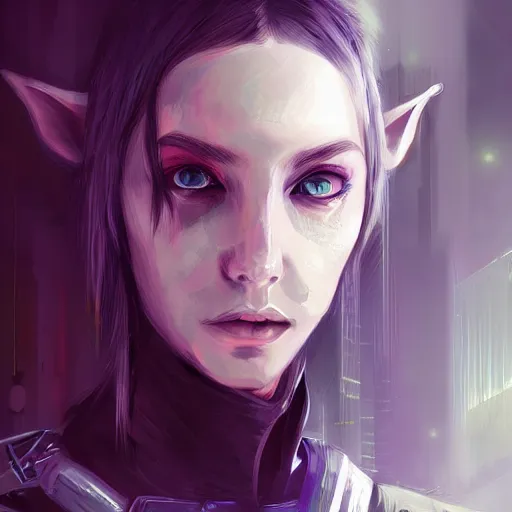 Prompt: portrait of an elf in a cyberpunk style, digital art, artstation cgsociety masterpiece