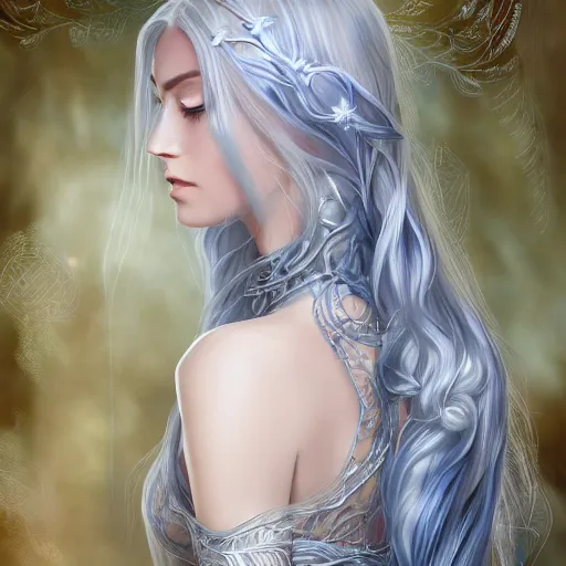 Image similar to an elven woman with long, silver hair cascading down her back. she has delicate, angular features and piercing blue eyes. she's clad in a flowing white dress with intricate silver embroidery, dynamic lighting, photorealistic fantasy concept art, trending on art station, stunning visuals, creative cinematic, ultra detailed