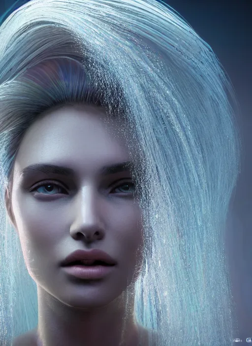 Prompt: beauteous goddess sumptuous face, with incredible iridescent pearlescent voluminous fluorescent neon laser beam hair, delicate crystalline masterpiece incrustations, by h. r. giger, hyperdetailed face, elegant pose, movie still, intricate, octane render, cinematic forest lighting, unreal engine, crepuscular rays, god rays