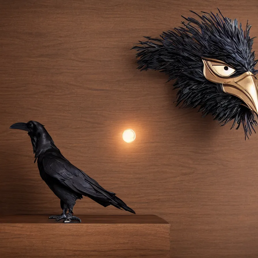 Image similar to an image of a masquerade mask shaped like a raven sitting on a wooden desk, highly detailed, cinematic lighting, realistic, 8 k, rendered in unreal