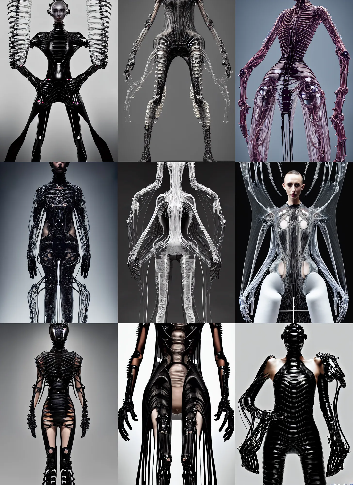 Prompt: catwalk fashion podium, iris van herpen gothic inflateble dark dress, perfect symmetrical body, helmet on face, full body shot, inflateble shapes, wires, tubes, veins, jellyfish, white biomechanical details, wearing epic bionic cyborg implants, masterpiece, intricate, biopunk, vogue, highly detailed, artstation, concept art