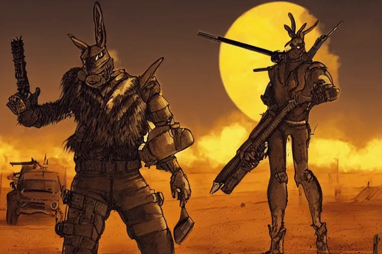 Image similar to a good ol'jackrabbit fursona ( from the furry fandom ), heavily armed and armored facing down armageddon in a dark and gritty version from the makers of mad max : fury road. witness me.