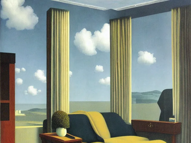 Image similar to cloudy living room, painting by rene magritte, centered, high detail, high resolution