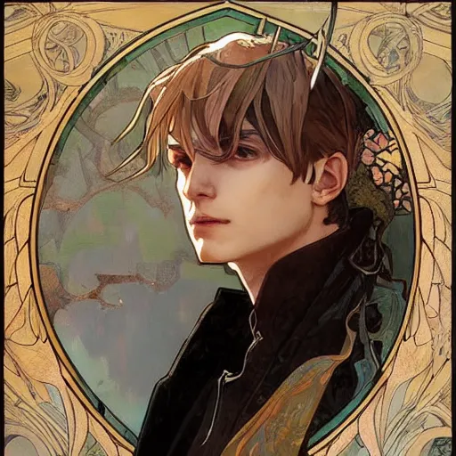 Image similar to Portrait of a pretty fantasy catboy with cat ears. Art by Greg Rutkowski and Alphonse Mucha